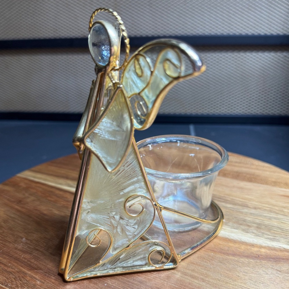 Vintage Gold Tone Wire Angel Votive Candle Holder Iridescent Glass 5.25 Inch